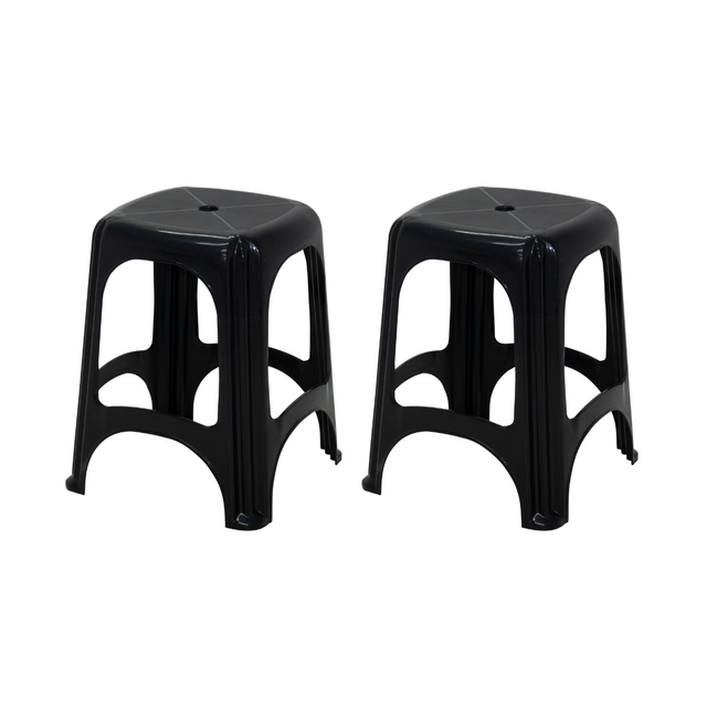 Black plastic stackable stools, set of 2, rounded seat