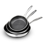 Three nested Tramontina Tektile frying pans with stainless steel handles