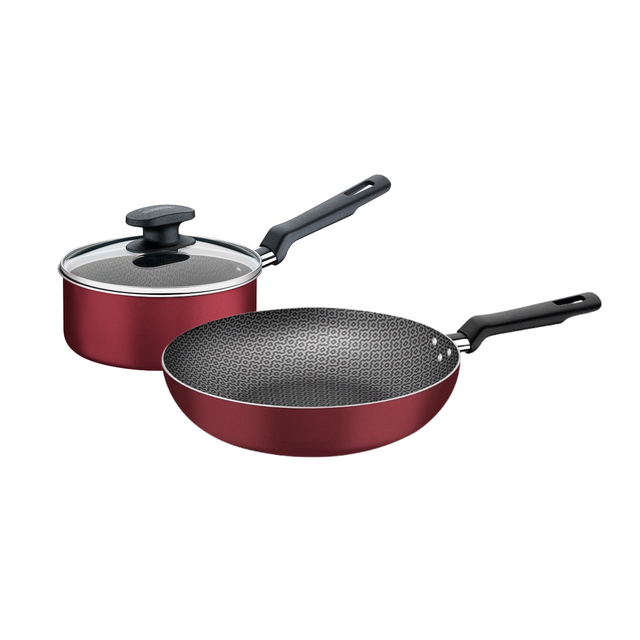 Tramontina Loreto non-stick cookware set with maroon pots and gray textured pans