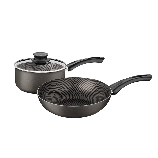 Black non-stick sauce pot with lid and black non-stick skillet with handle