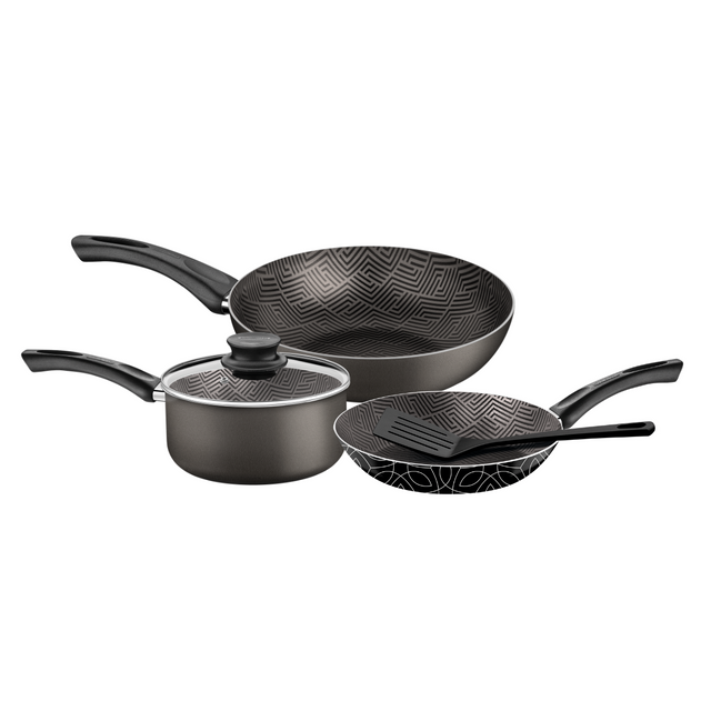 Black non-stick cookware set with three nesting pans and one glass lid