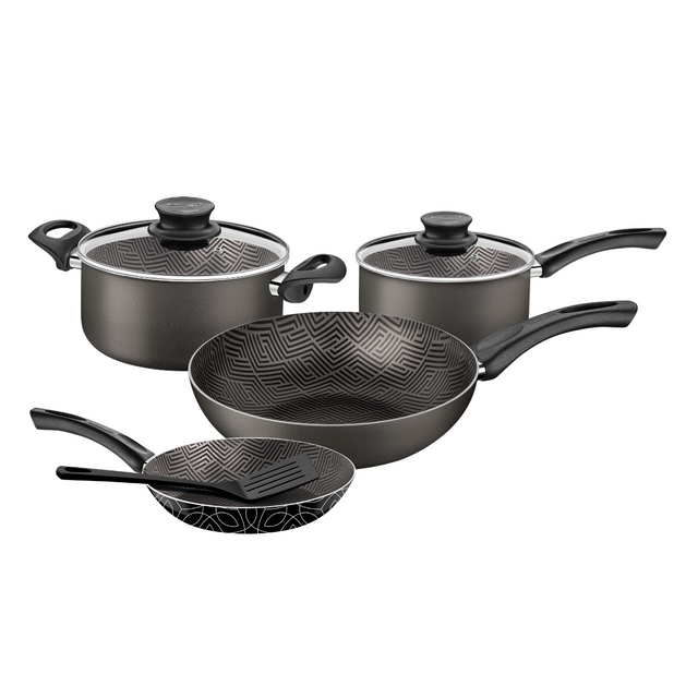 Tramontina Paris non-stick cookware set: black pots, lids, and frying pan