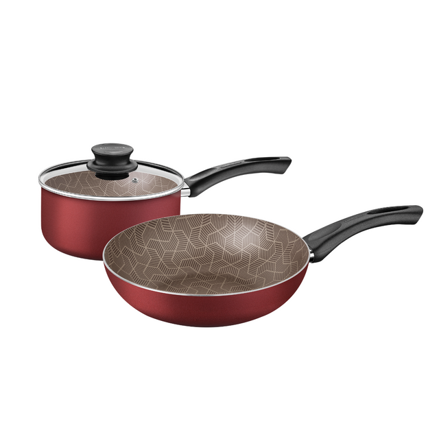 Tramontina Paris non-stick cookware set: red saucepan with glass lid and black handles