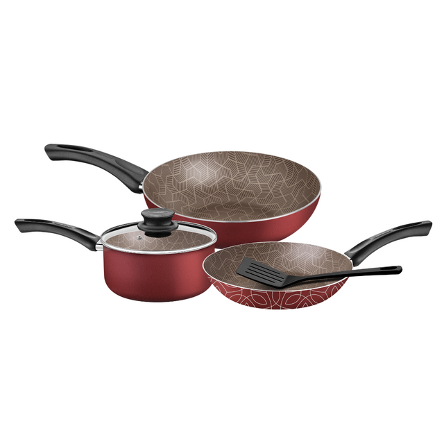 Red nonstick cookware set with textured gray interiors and black handles, two lids