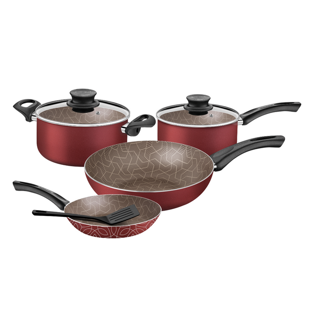 Red non-stick cookware set with glass lids, textured pans and ergonomic handles