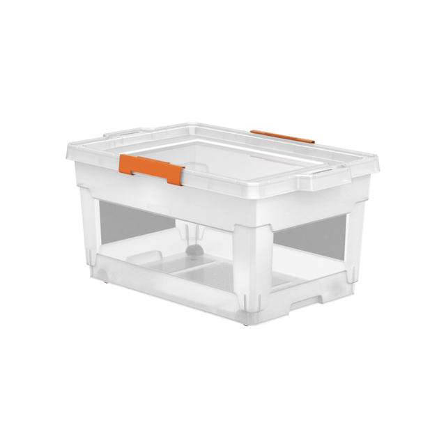 Clear 40L stackable organizer box with orange handle, open top, and interior dividers