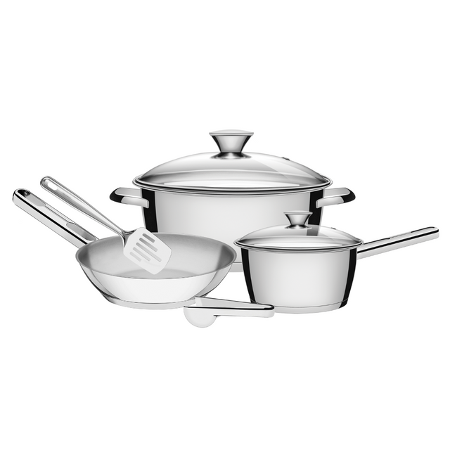 Stainless steel cookware set with lids, saucepan, skillet, and utensils
