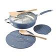 Blue wok pan set with wooden handles, perforated steamer insert, and lid