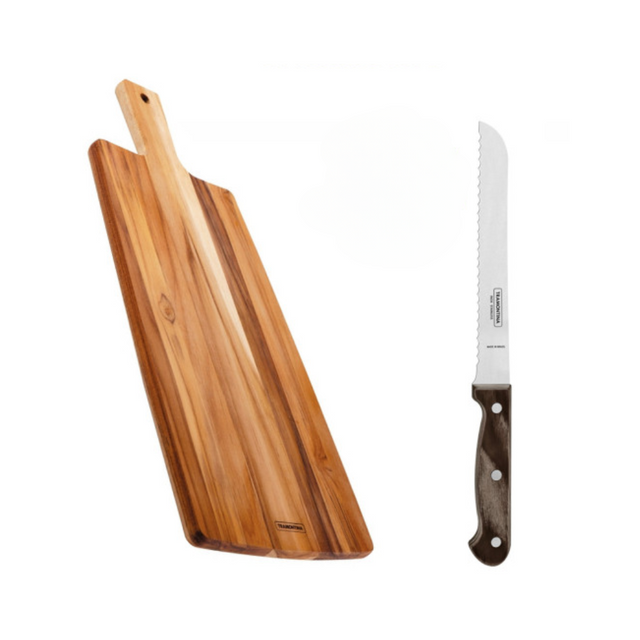 Wood cutting board with integrated handle and dark-handled chef knife, two rivets