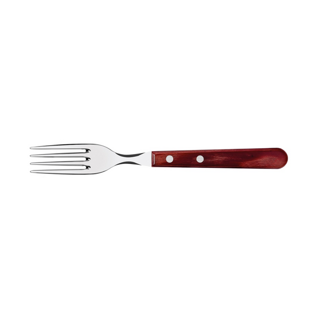Stainless steel churrasco jumbo fork, five tines, red wooden handle and white rivets