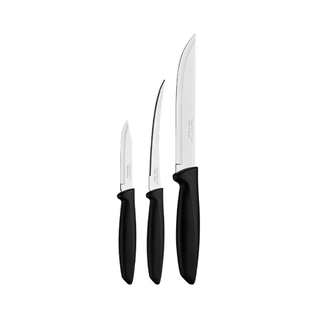 3-piece kitchen knife set with black handles and stainless steel blades.
