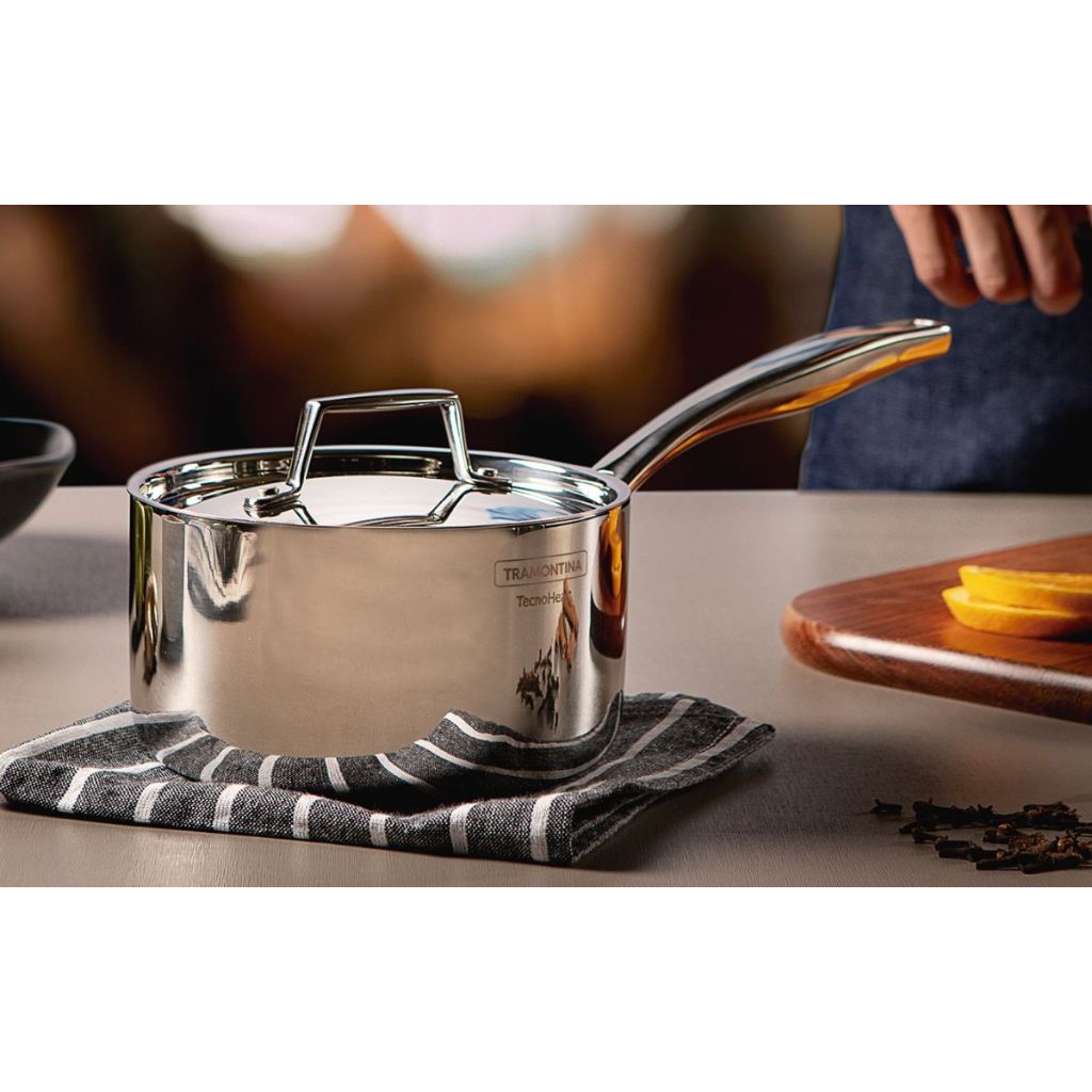 Tramontina stainless steel covered sauce pot with lid and riveted handles