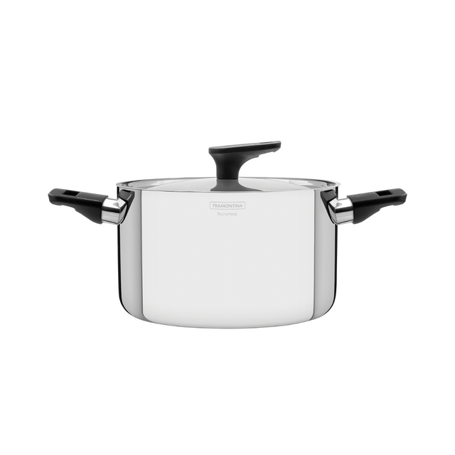 Stainless steel casserole pot with black knob lid and black side handles, studio view.