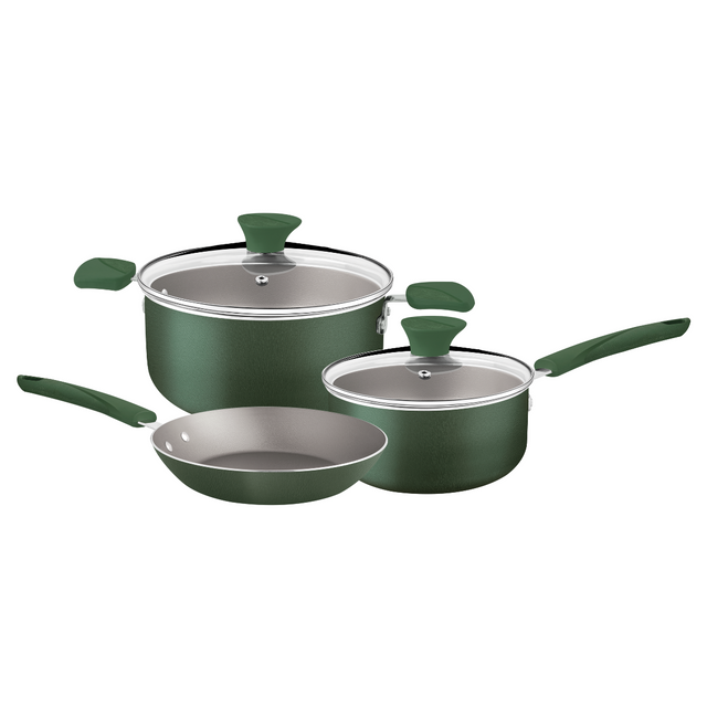 Green non-stick cookware set with two covered pots and skillet